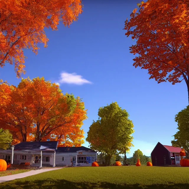 Image similar to small new england town with shops and pumpkins, maple trees with fall foliage, volumetric, realistic, cinematic lighting, ray tracing, unreal engine 5, octane render, hyper realistic, photo, 8 k