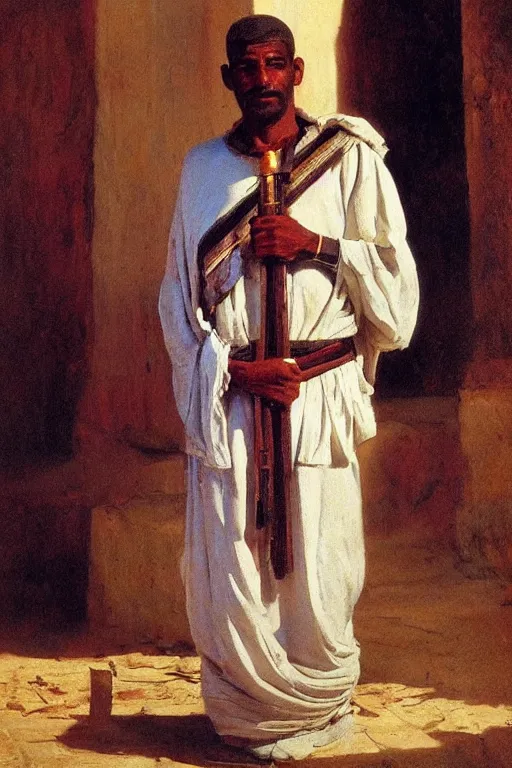 Image similar to a closer hero portrait of a live nubian temple guard in old egypt. masterpiece, dramatic light and shadow, saturated colors, ciaroscuro. painted by anders zorn