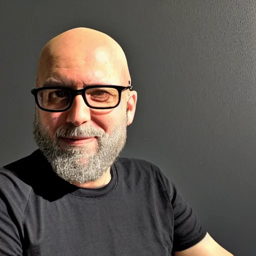 Prompt: 5 0 year old bald jewish man with a light brown beard and black - framed glasses wearing a black t - shirt, sitting with a pug