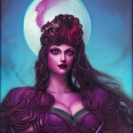 Prompt: portrait of princess of the dreamlands and moon beast, beautiful! coherent! by brom, deep colors, red maroon purple pink black, strong lines, rule of thirds, head centered