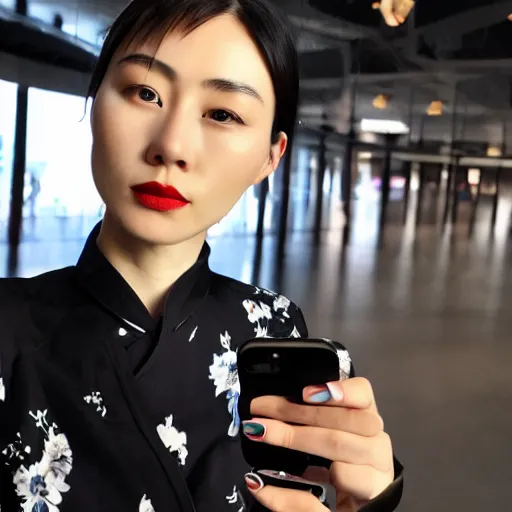 Prompt: Chinese woman wearing a Y-3 button-up, iPhone photo, selfie