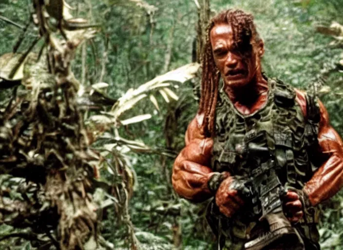 Image similar to polaroid movie still of arnold schwarzenegger in the movie predator fighting against zombie trump