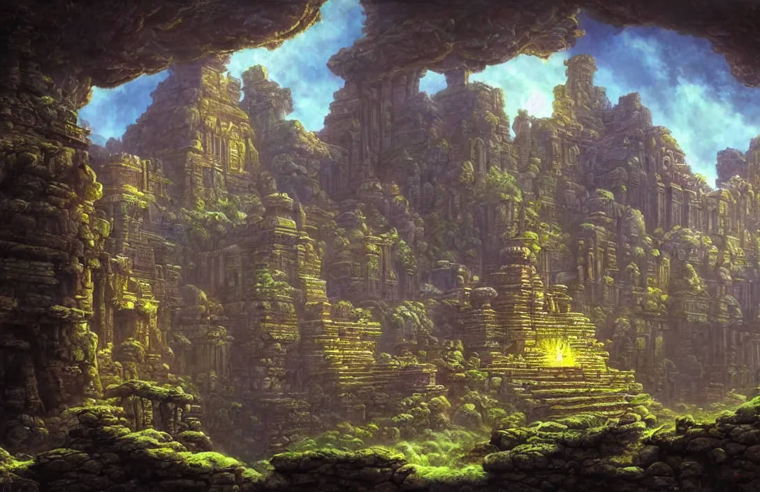 Image similar to a beautiful painting of a ancient temple on another world by rodney matthews | wide angle | unreal engine :. 3