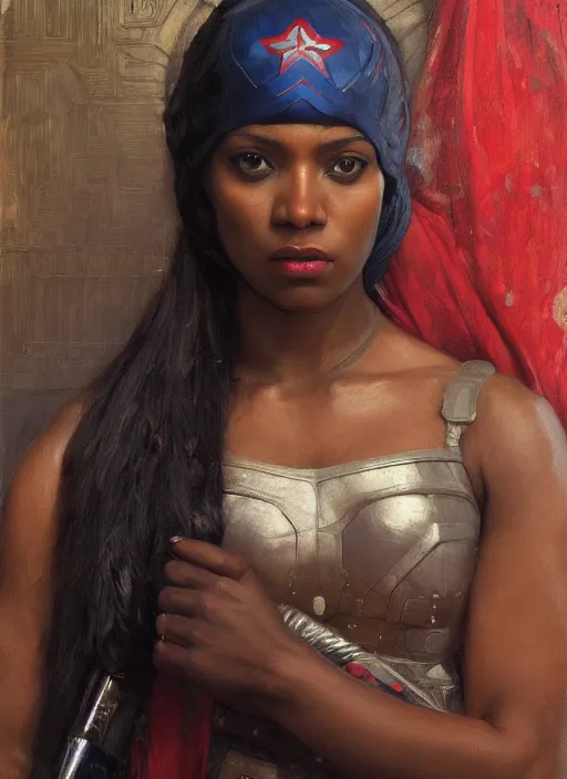 Image similar to maria igwe. beautiful female Captain America. gorgeous face. Iranian orientalist portrait by john william waterhouse and Edwin Longsden Long and Theodore Ralli and Nasreddine Dinet, oil on canvas. Cinematic, hyper realism, realistic proportions, dramatic lighting, high detail 4k