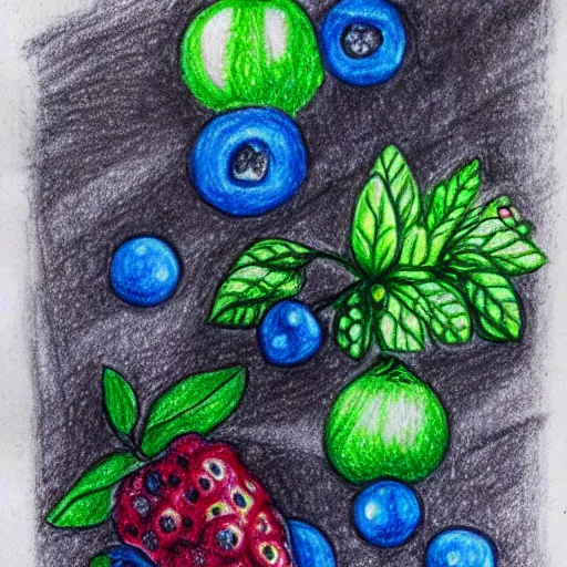 Image similar to super basic drawing of berries and diamonds, crayon on paper