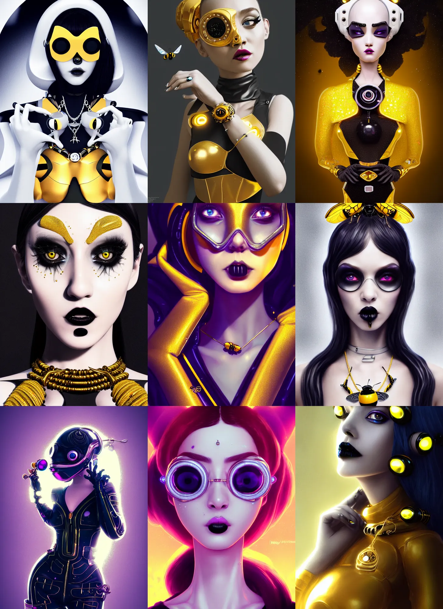 Prompt: pixar 8 k photo, beautiful shiny white porcelain rich grand pearlescent goth edc bumblebee cyborg college woman, rapper bling jewelry, golden ratio, sci fi, fantasy, cyberpunk, intricate, decadent, highly detailed, digital painting, octane render, artstation, concept art, smooth, sharp focus, illustration, art by loish, wlop