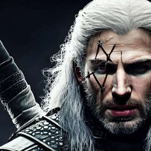 Image similar to Chris Evans as the Witcher, photo real, 4k, epic, high detail, cinematic