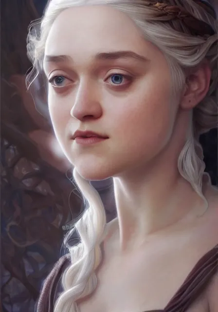 Image similar to daenerys dakota fanning, intricate, elegant, highly detailed, digital painting, artstation, concept art, smooth, sharp focus, illustration, art by artgerm and greg rutkowski and alphonse mucha and william - adolphe bouguereau