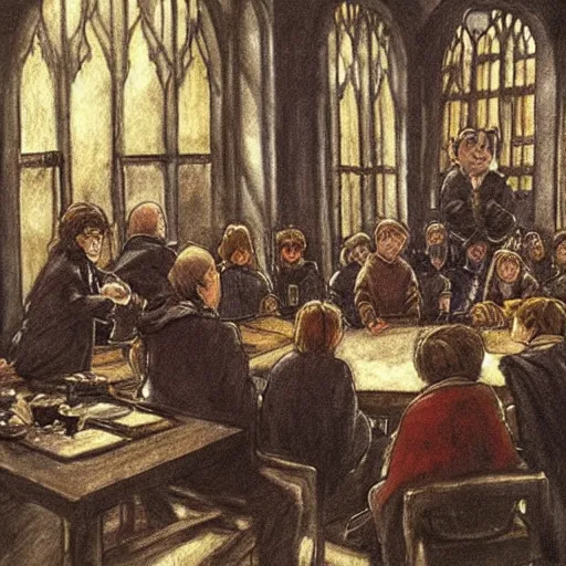 Prompt: Harry Potter in the Hogwarts common room, drawn by Mikhail Vrubel