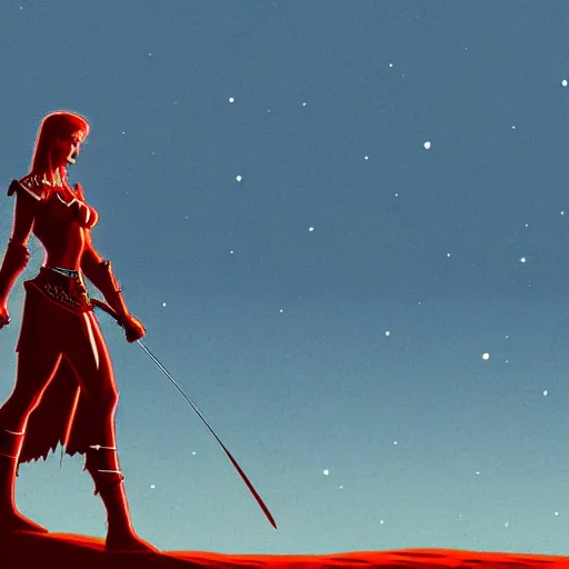 Image similar to warrior princess with red armor in the desert by night, moebius, Jean Giraud, landscape, epic, artstation, dusk