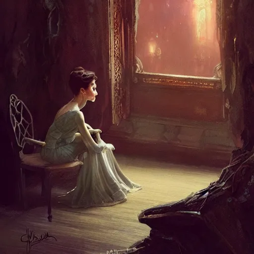 Image similar to audrey hepburn, inside haunted mansion looking for a way out, various scenarios, highly detailed, digital painting, artstation, art by gaston bussiere, greg rutkowski, j. c. leyendecker