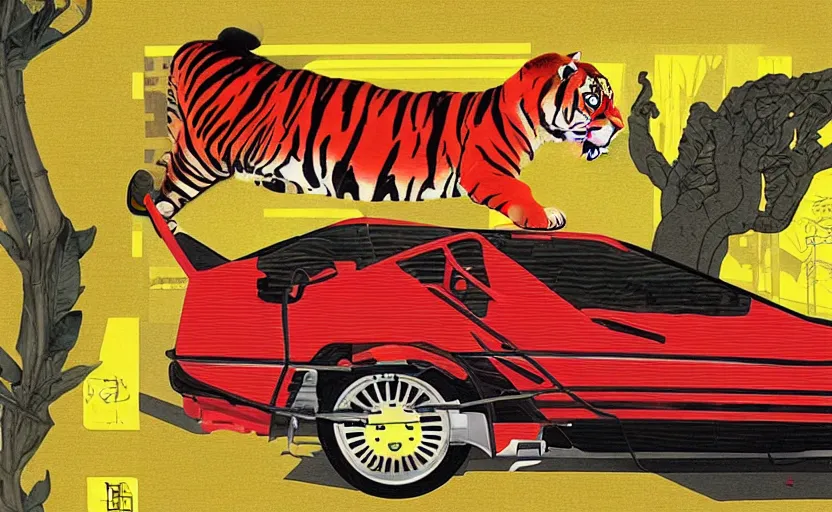 Image similar to a red delorean x a yellow tiger, art by hsiao - ron cheng & utagawa kunisada in magazine collage style,