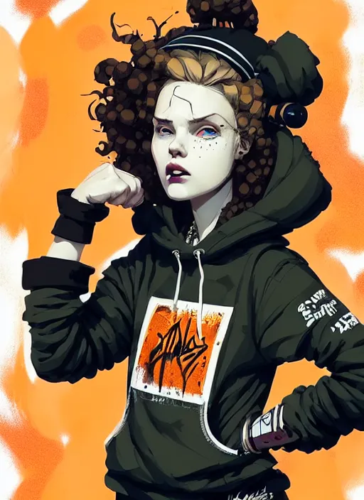 Image similar to highly detailed portrait of a sewer punk lady, tartan hoody, blonde ringlet hair by atey ghailan, by greg rutkowski, by greg tocchini, by james gilleard, by joe fenton, by kaethe butcher, gradient orange, black, blonde cream and white color scheme, grunge aesthetic!!! ( ( graffiti tag wall background ) )