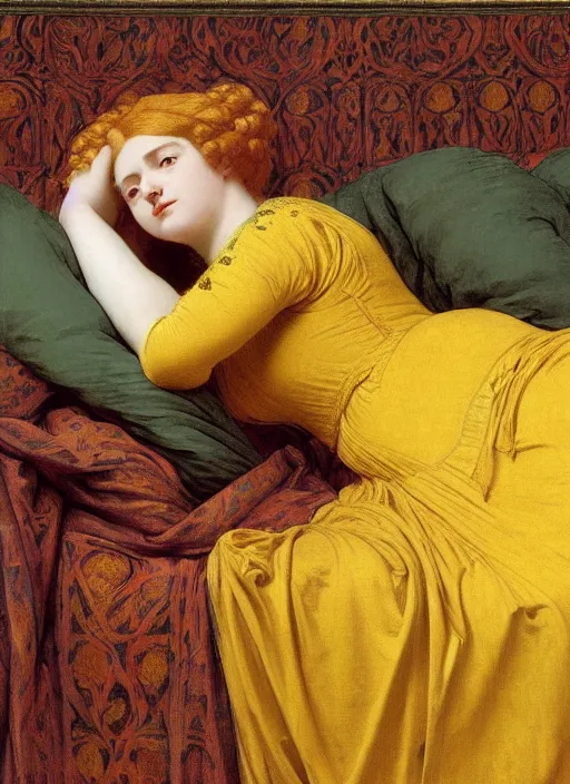 Image similar to portrait of lady reclining on bed wearing yellow ochre ornate medieval dress, foreshortening, framed, preraphaelite colour photography by frederic leighton, william morris, 8 k