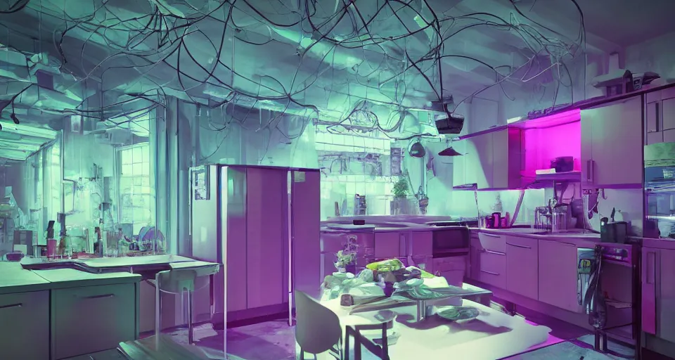 Image similar to IKEA catalogue photo, high end farm house style kitchen, cyberpunk with neon lighting, screens, monitors, wires, purple, cyan, orange, organic, vines by Beksiński