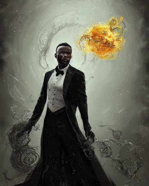 Image similar to a highly detailed portrait of black male magician radiating a powerful energy aura, ornate back tuxedo, wispy tendrils of smoke, intricate, digital painting, old english, raining, sepia, particles floating, whimsical background by marc simonetti, artwork by liam wong