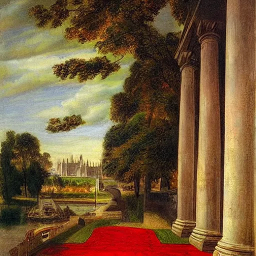 Prompt: by louis janmot dismal, colorful carmine. the print is a beautiful landscape of the houses of parliament in london. the colors are very bright & vibrant, & the scene is very peaceful & serene.