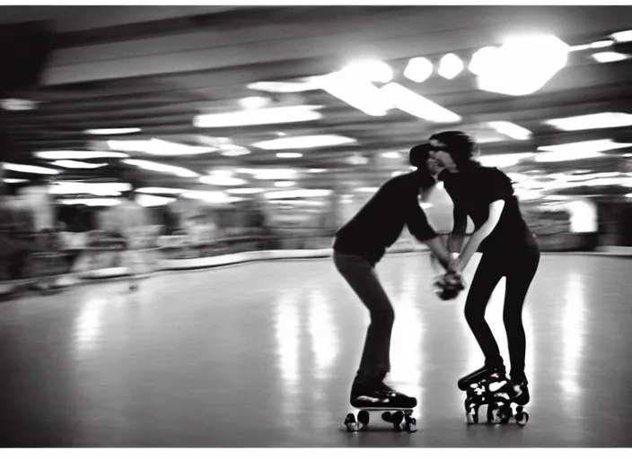 Prompt: a 35mm photograph of a man and a woman roller skating at a roller rink in the 1950's at sunset, bokeh, Canon 50mm, cinematic lighting, photography, retro, film, Kodachrome, award-winning, rule of thirds, golden hour