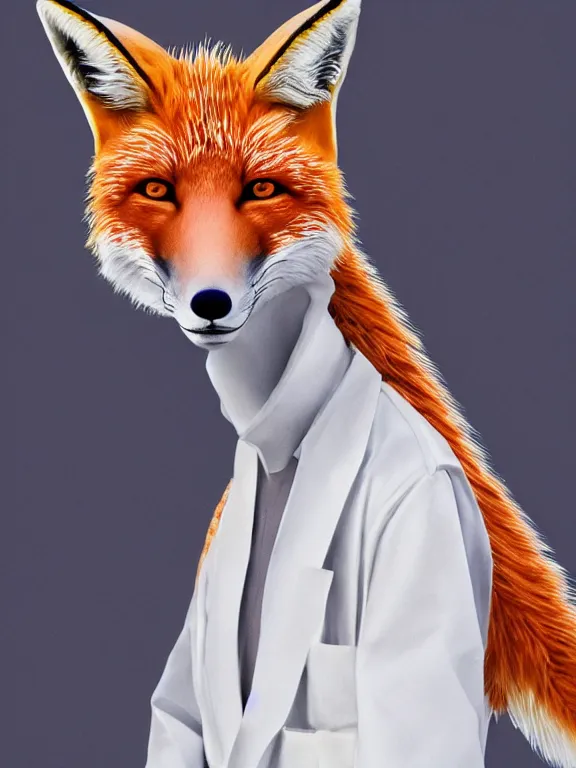 Image similar to a humanoid fox wearing a scientist white coat, chemicals on a white table in front of the fox, digital art, digital painting, masterpiece, anatomically correct, five fingers, cinematic, high coherence, realistic, high quality, highly detailed, 8 k, dramatic lighting, path traced, centered, high definition