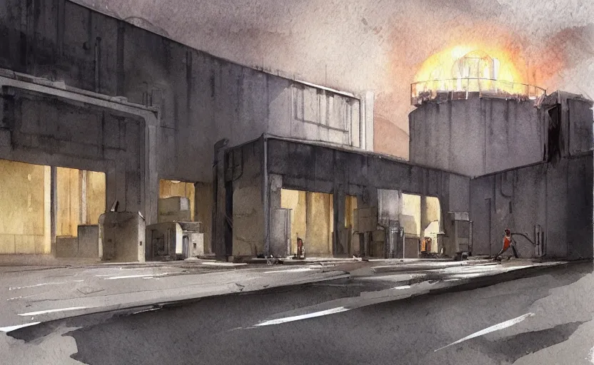 Prompt: concept art of a concrete factory exterior, pinterest, artstation trending, behance, watercolor, by coby whitmore, silver, laser light,