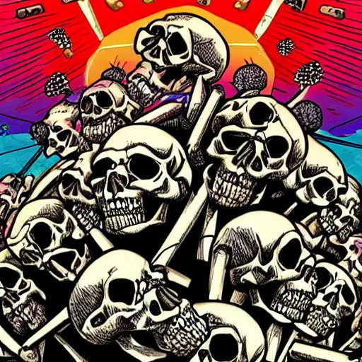 Image similar to skulls dancing along with a bunch of bones, world melting, 8 0 s science fiction, insanity