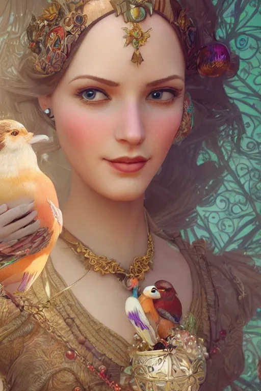 Image similar to face closeup, 3 d render of english princess holding birds, ornaments, background ornaments, mucha vibe, dieselpunk, solarpunk, artstation