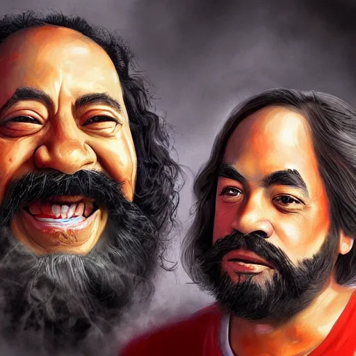 Image similar to portrait of cheech and chong, concept art, artstation, highly detailed, smoke background,