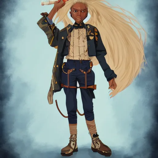 Prompt: african american man with blue eyes, blonde hair, horns, wearing steampunk attire, highly detailed, digital painting, artstation, matte, by makoto shinkai, animation style