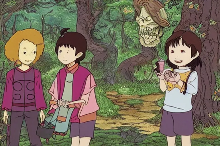 Prompt: chihiro ogino meets skelethor in an enchanted forest, studio ghibli