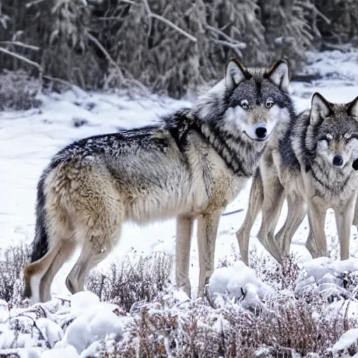 Prompt: grey wolf in snowy area hunting with the pack