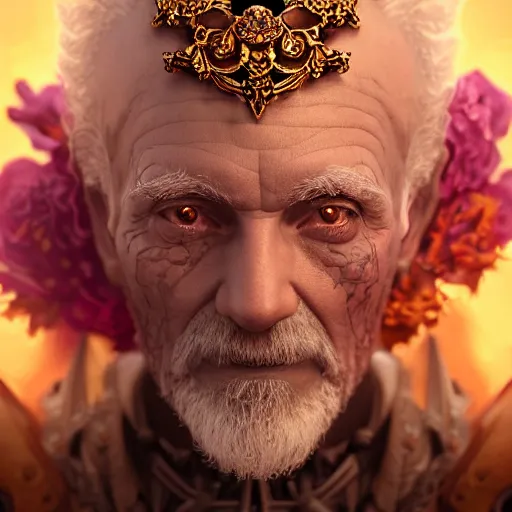 Prompt: necromancer corroded skin translucent old man, of alluring european princess, seductive look, smooth glowing skin, glistening body, ornate headpiece made from flowers, glamour shot, by yoshitaka amano, by greg rutkowski, by jeremyg lipkinng, by artgerm, digital art, octane render