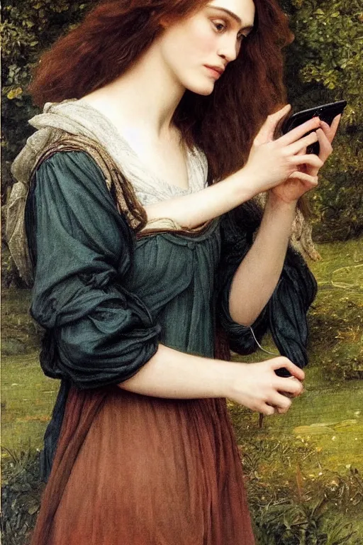 Image similar to a pre raphaelite painting of keira knightley lazily looking at her iphone by dante gabriel rossett