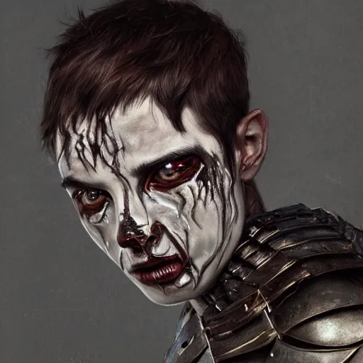 Image similar to portrait painting of young man with severe burn scars on his face and poorly cut short hair with a severe expression wearing tattered leather armor, ultra realistic, concept art, intricate details, eerie, highly detailed, photorealistic, octane render, 8 k, unreal engine. art by artgerm and greg rutkowski and charlie bowater and magali villeneuve and alphonse mucha