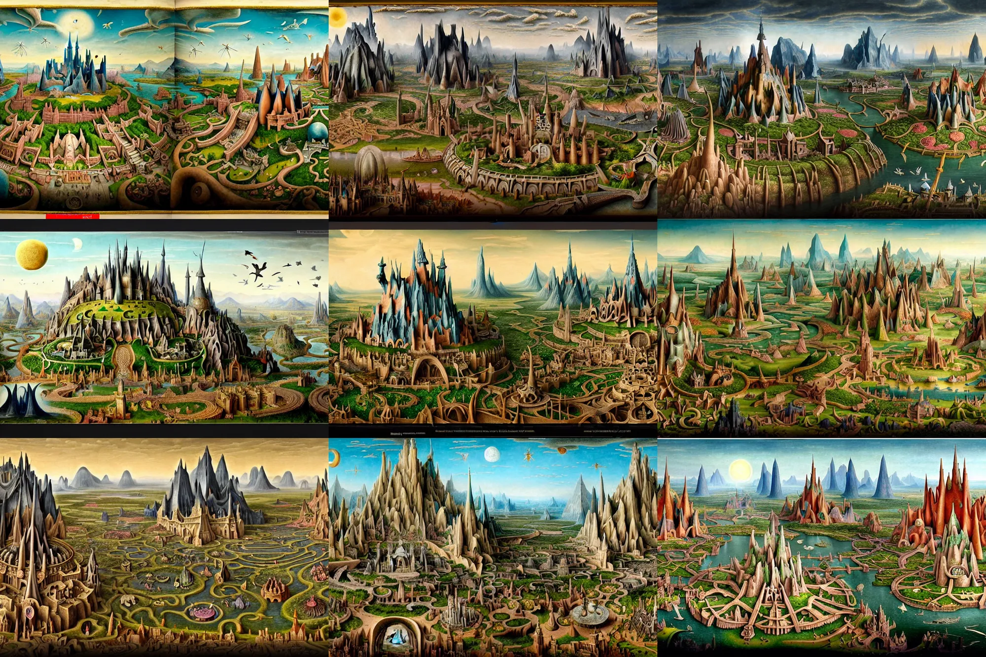 Prompt: a beautiful and insanely detailed matte painting of a magical mythical medieval sprawling civilization with surreal architecture designed by Heironymous Bosch, mega structures inspired by Heironymous Bosch's Garden of Earthly Delights, a beautiful and insanely detailed matte painting of a magical mythical medieval sprawling civilization with surreal architecture designed by Heironymous Bosch, mega structures inspired by Heironymous Bosch's Garden of Earthly Delights, a beautiful and insanely detailed matte painting of a magical mythical medieval sprawling civilization with surreal architecture designed by Heironymous Bosch, mega structures inspired by Heironymous Bosch's Garden of Earthly Delights, creatures of the air and sea inspired by Heironymous Bosch's Garden of Earthly Delights, ships in the harbor inspired by Heironymous Bosch's Garden of Earthly Delights, vast surreal landscape and horizon by Jim Burns and Tyler Edlin, vast surreal landscape and horizon by Jim Burns and Tyler Edlin, rich pastel color palette, masterpiece!!, grand!, imaginative!!!, whimsical!!, epic scale, intricate details, sense of awe, elite, fantasy realism, complex layered composition!!