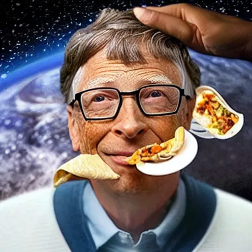 Image similar to Bill Gates eating burritos in outer space. Award winning photograph. Trending on reddit