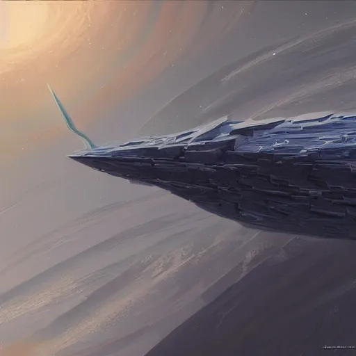 Image similar to concept art of a large space vessel in the shape of an spear by paul chadeisson