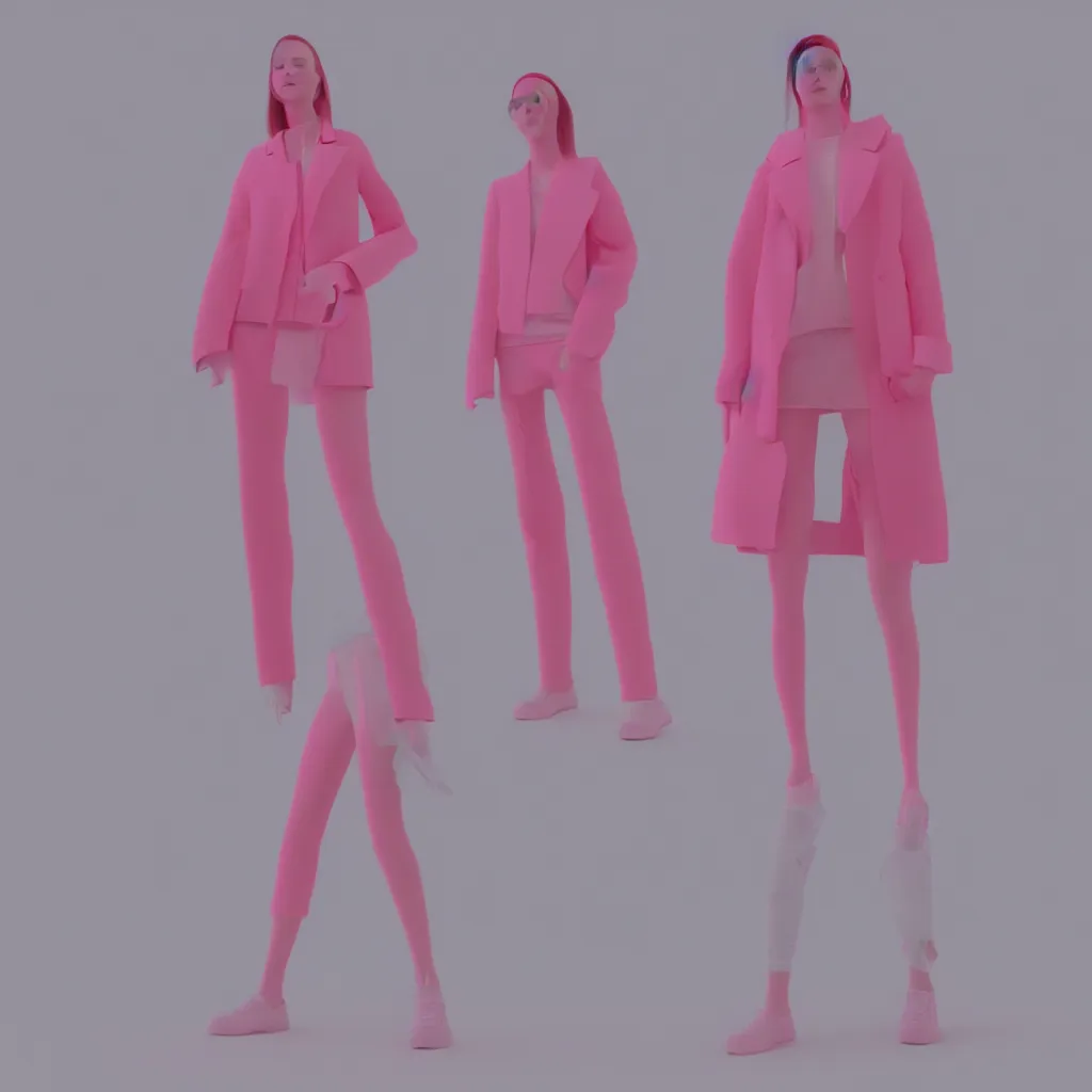 Prompt: moderately cool female person, photoshoot for a lookbook for Balenciaga, 3d render, pink lighting, matte vivid color