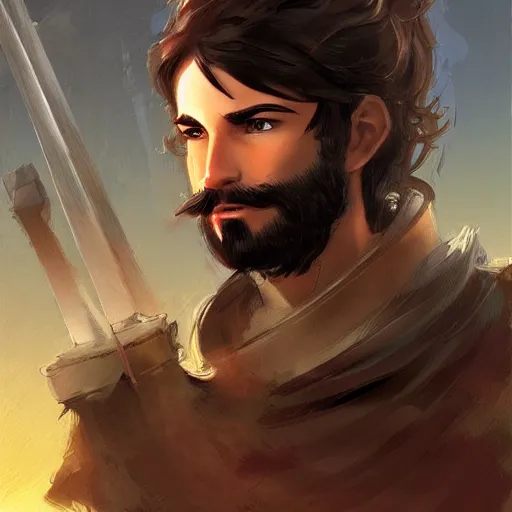 Prompt: a brown haired young swordsman with a short beard in the style of marc simonetti