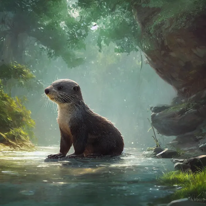 Image similar to a detailed painting of a cute otter at a river. character design by cory loftis, fenghua zhong, ryohei hase, ismail inceoglu and ruan jia. volumetric light, detailed, rendered in octane