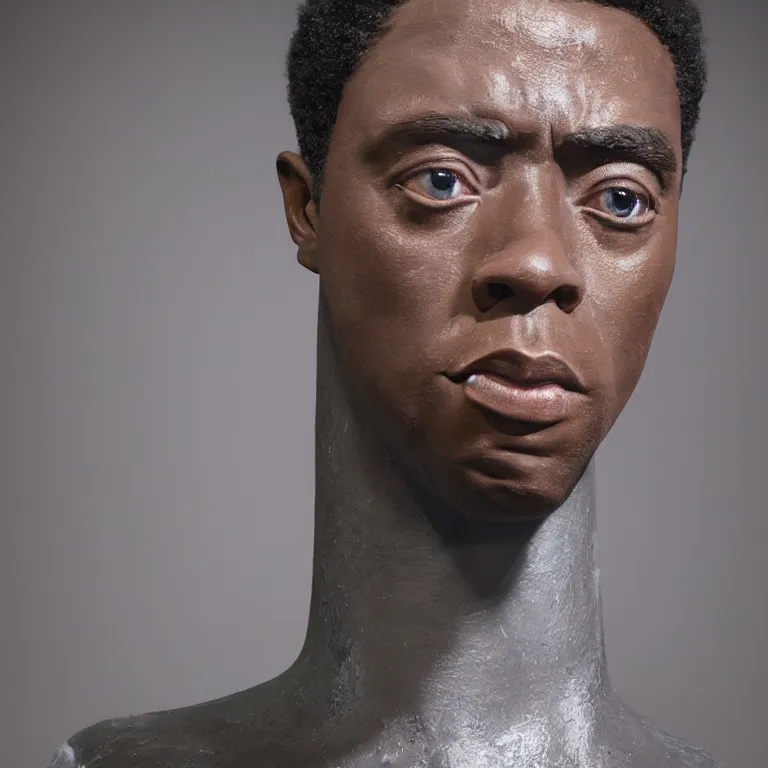 Image similar to beautiful studio photograph of colorful postmodern portrait sculpture of chadwick boseman disappointed, beautiful symmetrical face accurate face detailed face realistic proportions, made of spray - painted polymer clay on a pedestal by ron mueck and matthew barney and greg rutkowski, hysterical realism intense cinematic lighting shocking detail 8 k