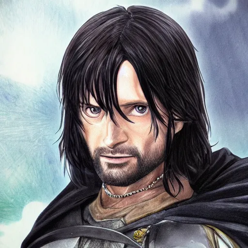 Image similar to aragorn in an anime world, incredibly detailed, ultra realistic