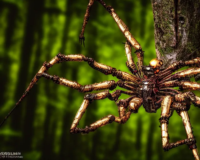 Prompt: photo of a cyborg biomechanical spider in the forest. fantasy cyberpunk style. highly detailed 8 k. intricate. nikon d 8 5 0 5 5 mm. award winning photography.