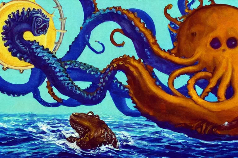 Image similar to a happy sunny oil painting of a kraken devouring the ancient home of the baby seals, bright sunny day with puffy clouds, relaxing