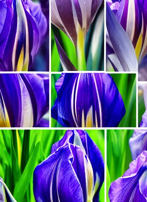 Image similar to montage of thin ringshaped irises, detailed colored textures, eyelashes, advanced art, art styles mix, from wikipedia, wet relections in eyes, sunshine, hd macro photograph, from side, grid o various eye shapes