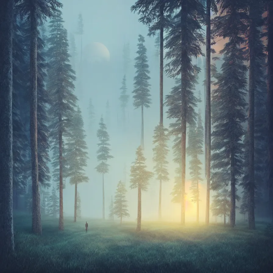 Image similar to surrealist abstract art of one natural path leading to the horizon through giant pine forests down rocky mountains towards a majestic valley during sunset. atmospheric foggy landscape, soft tones, psychedelic, ultra realistic, concept art, modern art, photorealistic, octane render.