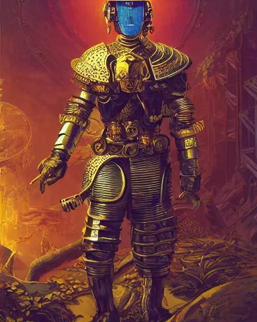 Prompt: a cyberpunk spanish conquistador wearing ornate armor in battle, art by nicola saviori, symmetric, handsome, golden ratio, jungle