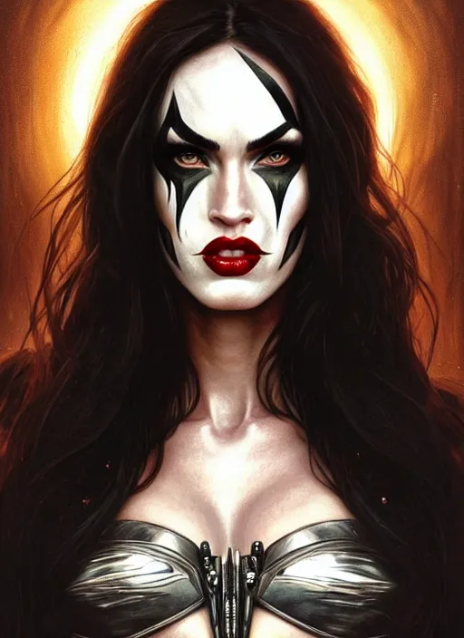 Prompt: portrait of megan fox as kiss, heavy metal, white face makeup, hell, intricate, headshot, highly detailed, digital painting, artstation, concept art, sharp focus, cinematic lighting, illustration, art by artgerm and greg rutkowski, alphonse mucha, cgsociety