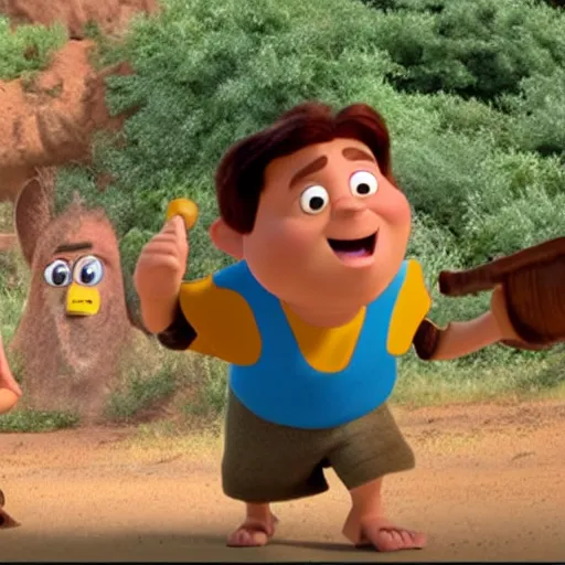 Image similar to film still of David vs Goliath bible story in the style of Disney Pixar Up (2009)