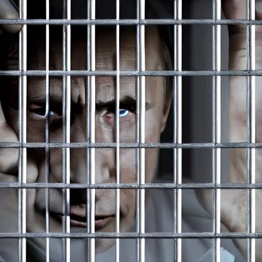 Prompt: Vladimir Putin in prison behind bars, crying, dirty, sad, ugly, cinematic lightning, octane render, 8k, realistic photo,