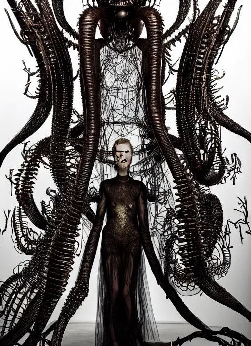 Image similar to walking down the catwalk, tim walker, show, stage, vogue photo, podium, fashion show photo, historical baroque dress dark, iris van herpen, beautiful woman, masterpiece, intricate, biopunk, vogue, full body shot, alien, plant predator, guyver, jellyfish, white biomechanical details, highly detailed